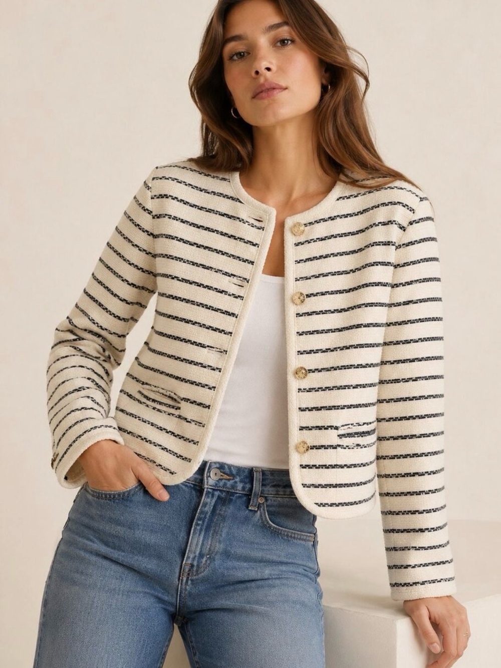 Abercrombie & Fitch Cream Striped Jacket with Gold Buttons